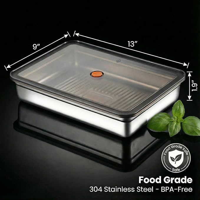 Stainless Steel Food Storage Containers, Silver, Airtight with Vacuum Seal, Stackable Rectangular, 3-Piece Set, BPA-Free Lids, for Meal Prep and Leftovers Storage(Shallow- 1.9'' Height)