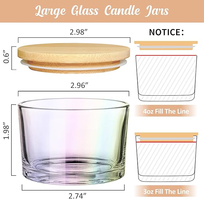 SUPMIND 4oz Iridescent Candle Jars 15 Pack, Small Wide Mouth Glass Empty Candle Jars with Bamboo Lids for Making Candles, Bulk Candle Container with Wick Kit, Ideal for Candle Business Owners