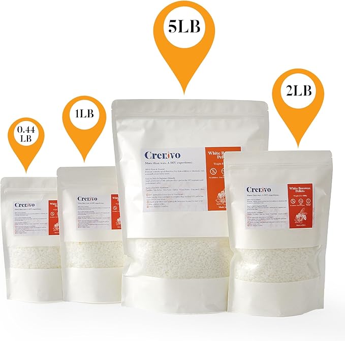Crenovo White Beeswax Pellets 5 LB, 100% Pure Natural Quadruple Filtered Beeswax for Candle Making, DIY Lip Balm and Skin Care, Cosmetic Grade Beeswax for Lotion, Soap, Body and Hair Care DIY Creams