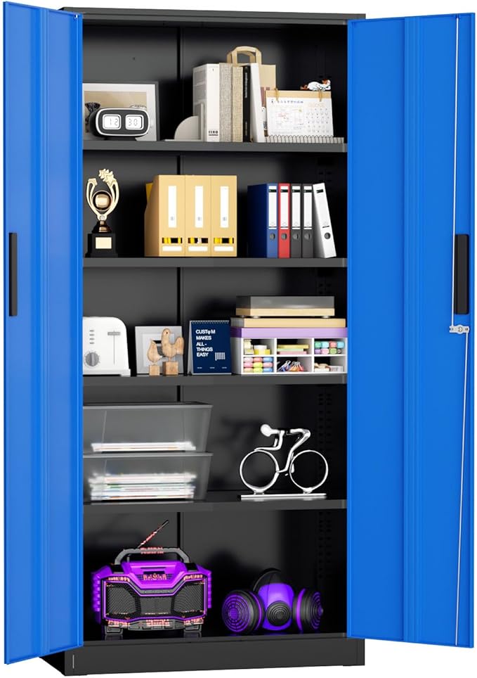 Superday Metal Storage Cabinets, 71" Storage Cabinet with Locking Door, Tall Garage Cabinet with 2 Doors and 4 Adjustable Shelves for Home Office, Classroom, Easy Assemble(Black Blue)