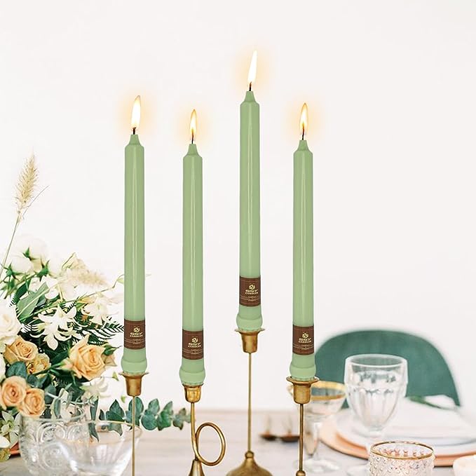 Green Taper Candle 10 Inch Long Candlesticks Unscented Dripless Tapered Candle Set for Home Decor Wedding Party Dinner Candles, 4 Pack