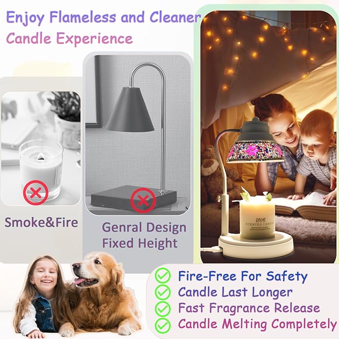 Electric Candle Warmer Lamp with Colorful Diamond Lampshade, Metal Wax Melting Lattern with Timer and Dimmer, Adjustable Height Candle Melting Lamp Home Decor (White Purple)