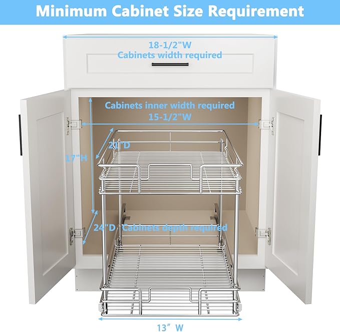 ROOMTEC New Version Pull Out Cabinet Organizer for Base Cabinet (14" W X 21" D), Kitchen Cabinet Organizer and Storage 2-Tier Cabinet Pull Out Shelves Under Cabinet Storage for Kitchen Silver,Chrome