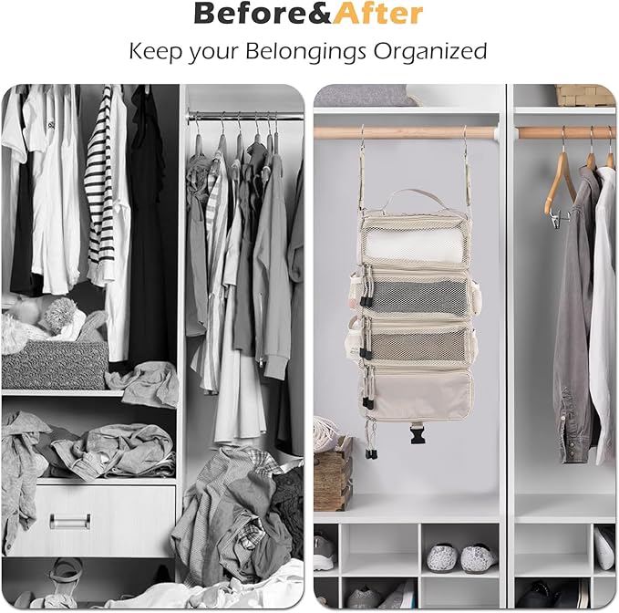 TABITORA Travel Luggage Organizer Hanging Packing Cubes Portable Hanging Shelves Carry on Closet for Suitcase with 2 Hooks,Collapsible(Beige,S)