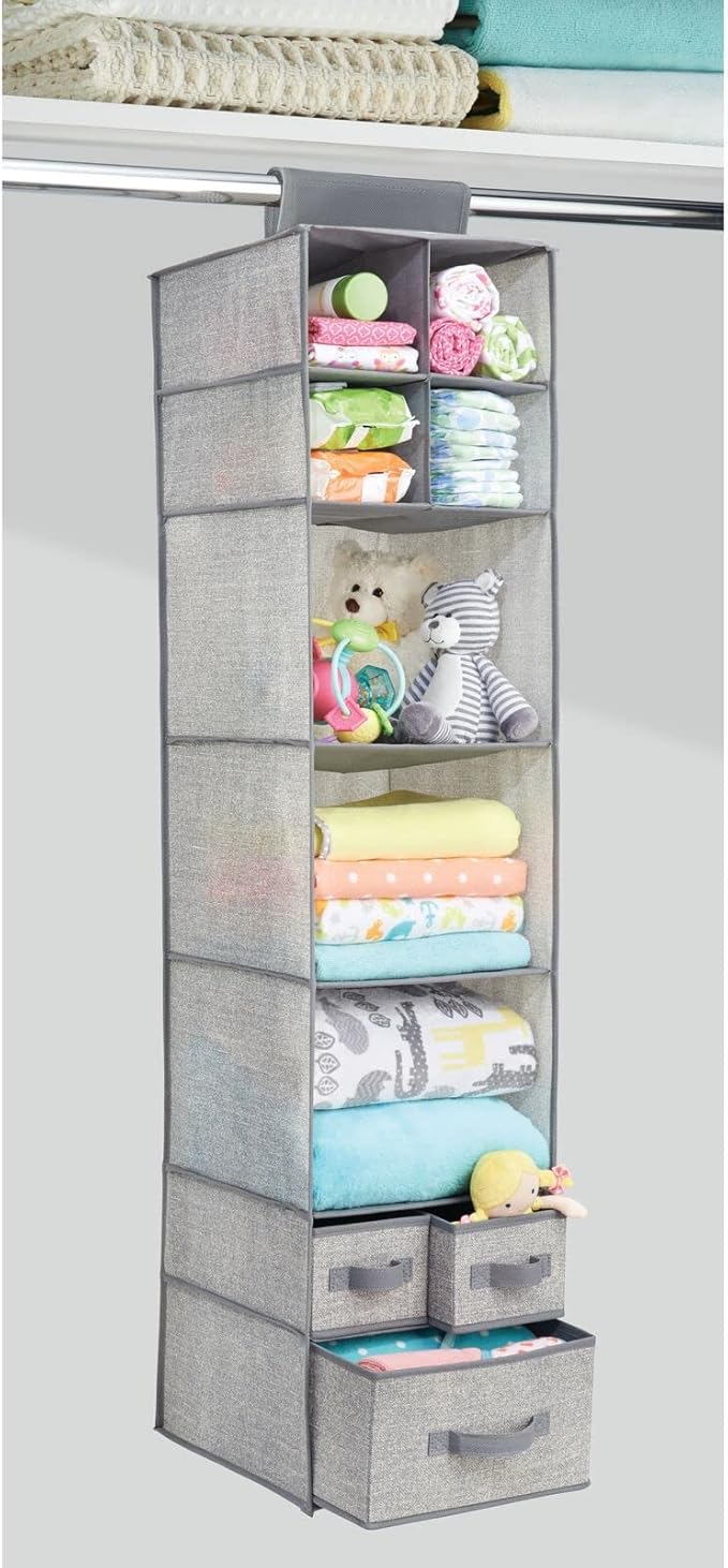 mDesign Fabric Hanging Organizer - Over Closet Rod Storage - 7 Shelves/3 Removable Drawers for Baby Nursery Bedroom Organization - Hold Clothes, Linens, Toys, Accessories - Lido Collection - Gray