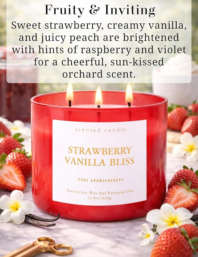 Strawberry Vanilla Bliss 3-Wick Soy Scented Candle 15.8 oz | Large Berry Vanilla Candle for Home | Relaxing Aromatherapy Stress Relief Candle | Long-Lasting, Clean Burning Candles Gift for Women & Men