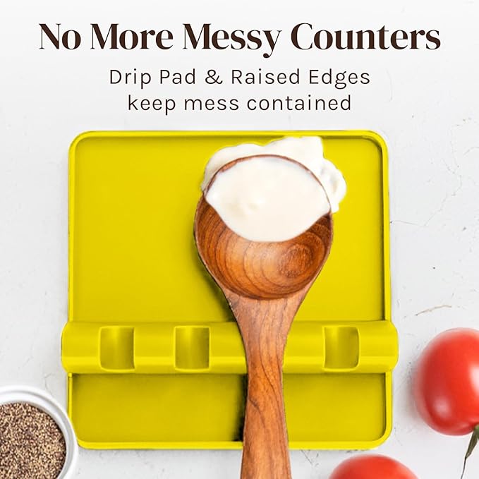 Cooler Kitchen Yellow Silicone Spoon Rest for Stove Top with Drip Pad (Two Pack) - Heat Resistant BPA Free Utensil Rest & Spoon Holder for Kitchen Counter - Grill Utensil Holder - Spatula Holder