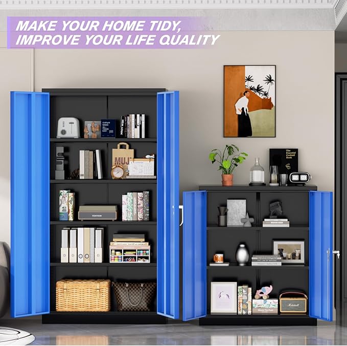 Superday Metal Storage Cabinets, 72" Storage Cabinet with Locking Door, Tall Garage Cabinet with 2 Doors and 4 Adjustable Shelves for Home Office, Classroom, Easy Assemble(Black Blue)