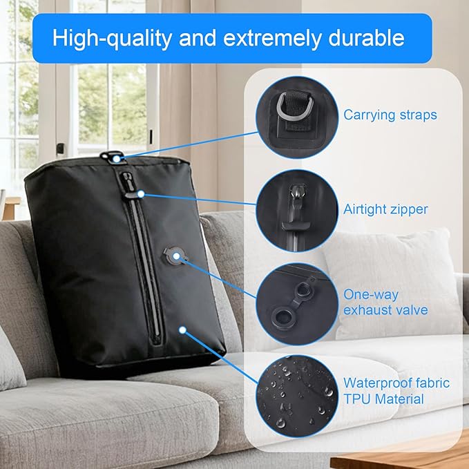 travel vacuum bag, equipped with a wireless vacuum pump, can save space in suitcases, backpacks and carry-on items. It is IP67 waterproof and reusable (2PC Black)
