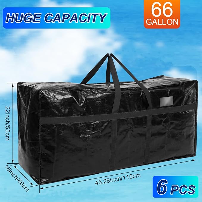 6 Pcs 66 Gallon Extra Large Moving Bags Heavy Duty Storage Bag with Strong Zipper Handle Foldable XXL Jumbo Storage Tote Packing Moving Box for College Dorm Travel Cloth Duffle (Black)