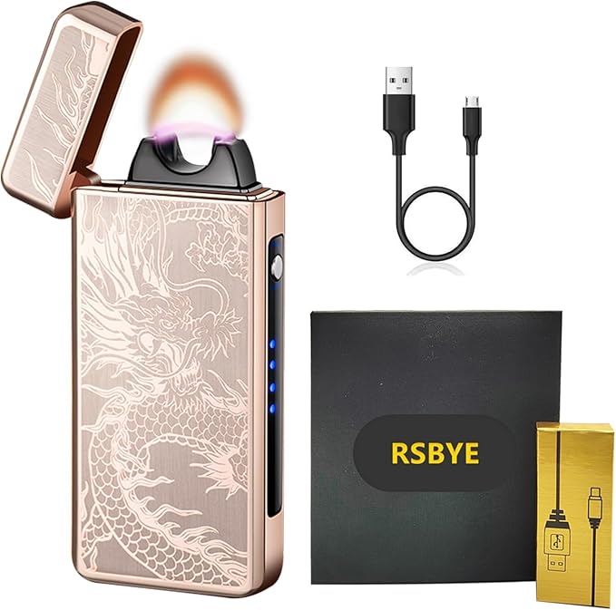Electric Lighters - Plasma Dragon, USB Rechargeable, Windproof Flame, Butane Free with LED Battery Indication for Candles, Incense, Camping (Gold Dragon)