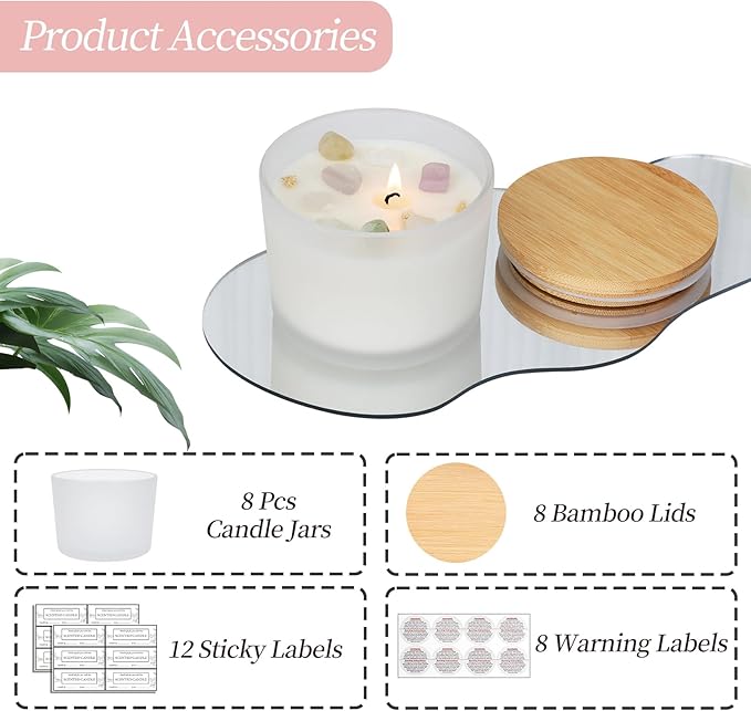CONNOO 8 Pack 12 OZ Frosted Glass Wide Mouth Candle Jars for Making Candles with Airtight Bamboo Lids Nice Sticky Warning Labels for Candle Making Empty Container Bulk - Dishwasher Safe