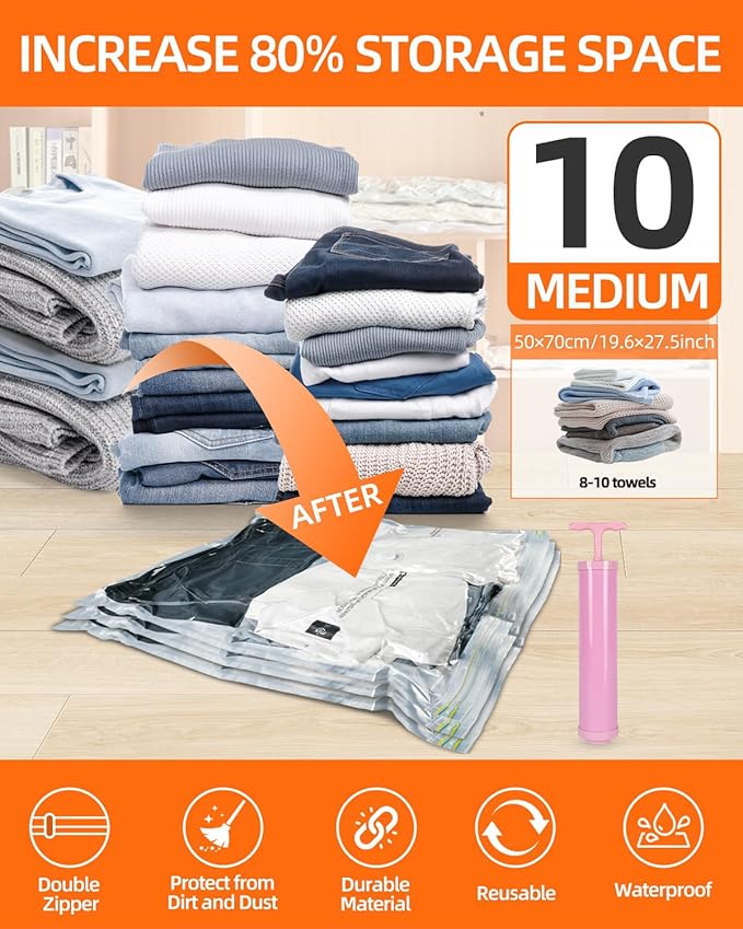 Vacuum Storage Bags for moving, Vacuum Seal Bags for Memory Foam, Latex, Clothing & Bedding, Space Saver Bags for Organization and Storage (Medium)