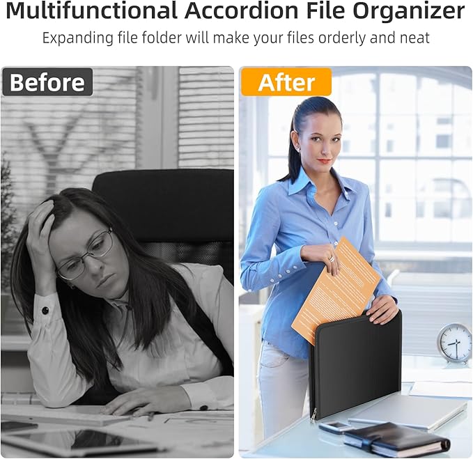 Huolewa Fireproof Accordion File Organizer, Portable Expanding File Folder with Waterproof Zipper&Labels, Black Document Organizer with 13 Pockets, File Organizer for Important Document/Paper Storage