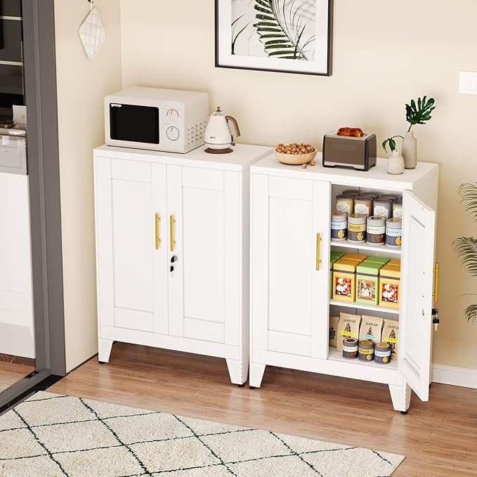 White Metal Storage Cabinet, 36" Tall Locking Storage Cabinet with 2 Adjustable Shelves, Steel Locker Organizer, for Office, Home, School, 11.81" D x 23.62" W x 35.83" H, 2PS