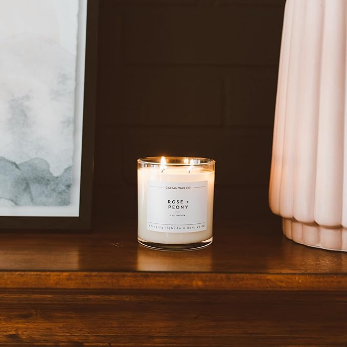 Calyan Wax Co. Rose & Peony 2 Wick Scented Candle - 37 Hour Burn - Luxury Non Toxic Soy Wax Candles - Long Lasting Large Glass Jar Candle for Home - 8.8oz