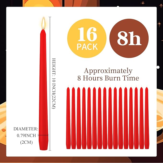 MTLEE 16 Pcs 10 Inch Long Tapered Candle Stick Bulk Smokeless Unscented Burning Candlestick Paraffin Wax with Cotton Wick for Valentine's Day Baby Shower Wedding Holiday Party Church (Red)