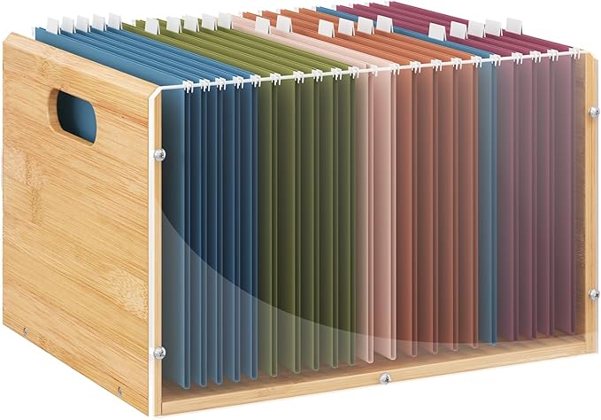 Sbanmao Letter/Legal Bamboo Acrylic File Box Organizer, Hanging File Folder Storage Boxes, Decorative Document Crate Transparent Filing Bin with Handle for Home Office Desk