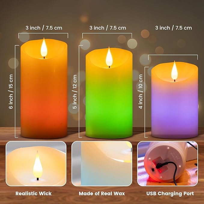 Rechargeable Colored Candles with Remote - LED Pillar Candles with USB Charging Cable, 3D Realistic Flame, Real Wax Flameless Candles for Christmas Decor and Romantic Home Decor – 4" 5" 6" H, 2.95" D