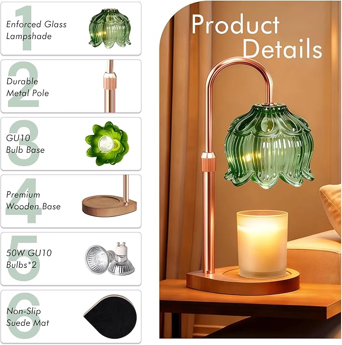 Candle Warmer Lamp - Dimmable Candle Lamp with Timer, Flower Wax Warmer Lamp for Jar Candles, Adjustable Height Wax Melter for Women Gift Home Decor, Farmhouse (Green)