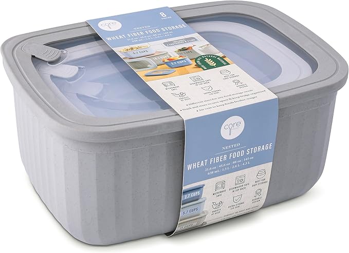 Core Kitchen Nested Wheat Fiber Food Storage Set – 8-Piece BPA-Free Containers with Lids – Eco-Friendly, Stackable, Microwave & Freezer Safe