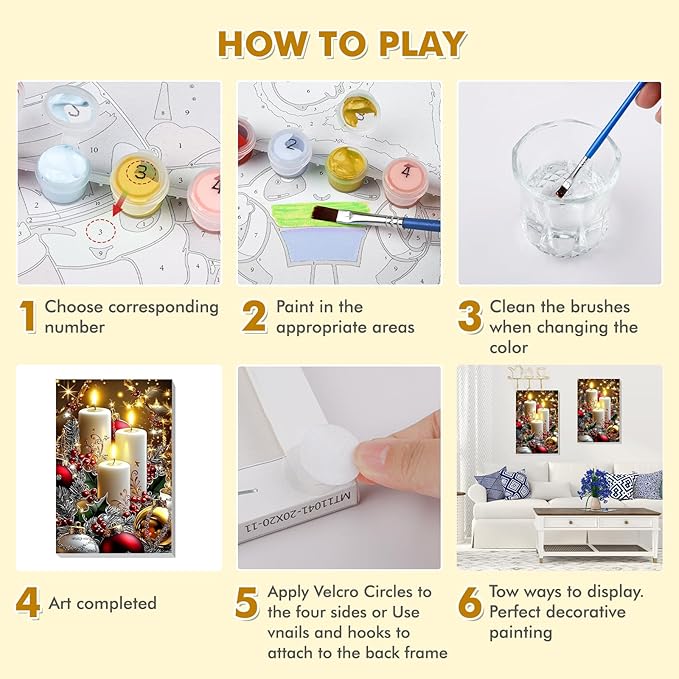 Bowetile Christmas Paint by Numbers for Adults Beginners Framed, Candles Adults' Paint-by-Number Kits, Adult Paint by Number Kits on Canvas, Acrylic Number Painting for Home Decor, 8x12in