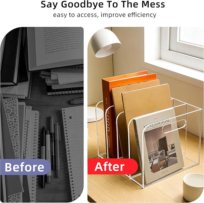 Acrylic Magazine File Holder, 4 Vertical Compartments Desk Document Sorter Organizer, Clear Folder Rack Binder for Office/Documents/Classroom, for Home, Tablet, Magazines, Books & Accessories
