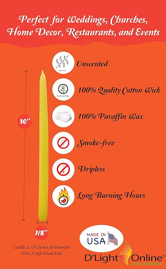 D'light Online Elegant 10" Unscented Yellow Taper Candles, Premium Quality Hand-Dipped Tapered Candles, Dripless and Smokeless - Set of 12 Individually Wrapped (10 Inch, Yellow)