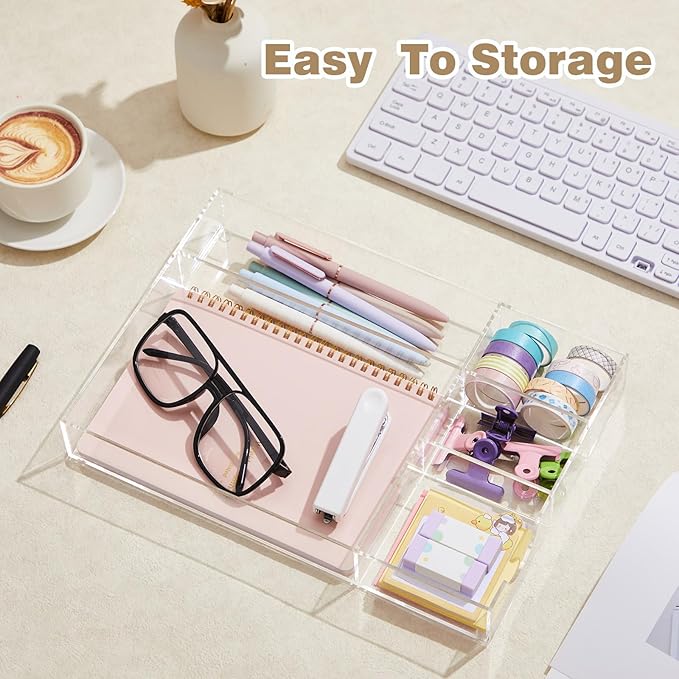 Briwooody Acrylic Desk Drawer Organizer 12.2 x 8.27 x 1.77 Inch Storage Tray Organizer for Pens, Stationery, Desktop, Office, Bathroom, Kitchen, Makeup Supplies(5 Compartments, Clear)