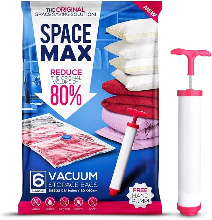 Large 6 Pack | SPACE MAX Premium Space Saver Vacuum Storage Bags - Save 80% More Storage Space - Reusable, Double Zip Seal & Leak Valve, Includes Travel Hand Pump