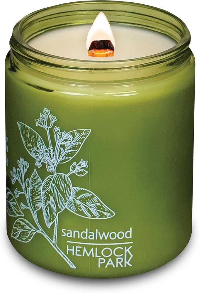 Hemlock Park Green Glass Wood Wick Candle Handcrafted with Natural Coconut Wax (Standard 8 oz, Sandalwood)