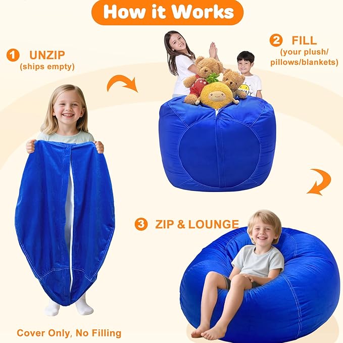 Lukeight Stuffed Animals Storage Bean Bag Chair Cover Only (Ships Empty, No Filling) - Velvet YKK Zipper Beanbag Cover for Kids and Big kids, Washable Plush Toy Organizer, X-Large 30" D x 18" H