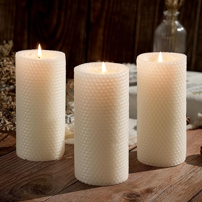 8 Packs Beeswax Pillar Candles - 360 Hours Long Burning, Handmade Handcrafted Honeycomb Bees Wax Candle for Home, Prayer, Unscented Pillar Candle (2.8x6 in)