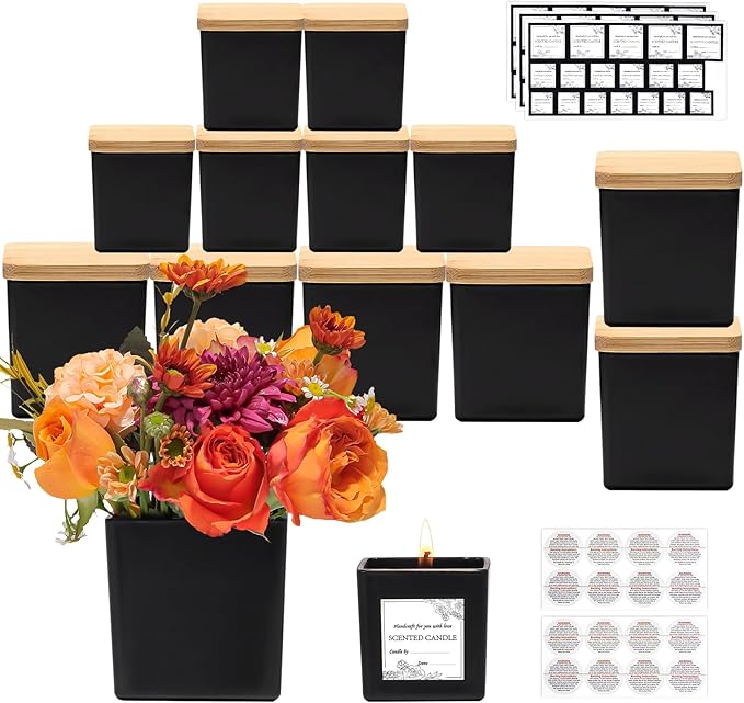 CONNOO 12 Pack 9oz, 3oz Matte Black Square Candle Jars for Making Candles, Thick Glass Bulk Empty Candle Containers with Airtight Bamboo Lids for Candle Making, Sticky Warning Labels - Dishwasher Safe