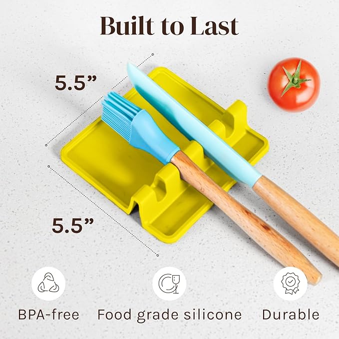 Cooler Kitchen Yellow Silicone Spoon Rest for Stove Top with Drip Pad (Two Pack) - Heat Resistant BPA Free Utensil Rest & Spoon Holder for Kitchen Counter - Grill Utensil Holder - Spatula Holder