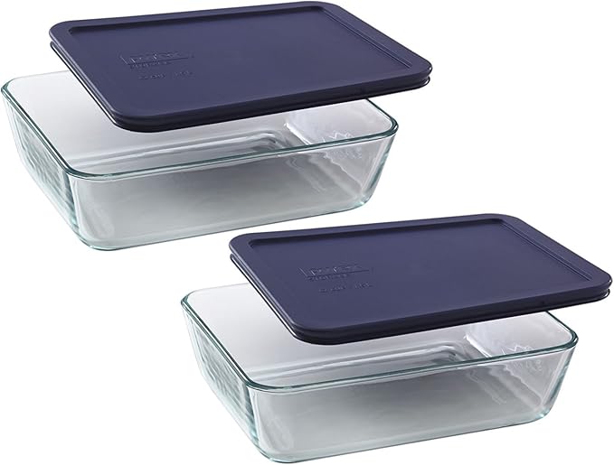 Pyrex Simply Store 7211 6-Cup Rectangular Food Storage Dishes with Blue Lids (2-Pack) - Made in the USA