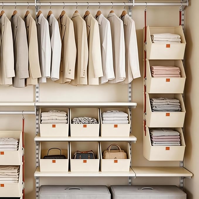 Hanging Closet Organizer 4 Tier, Clothes Hanging Shelves with Foldable Storage Baskets, Space-Saving Closet System for Bedroom, Home, Dorm, RV, Hat, Bags, Shoes
