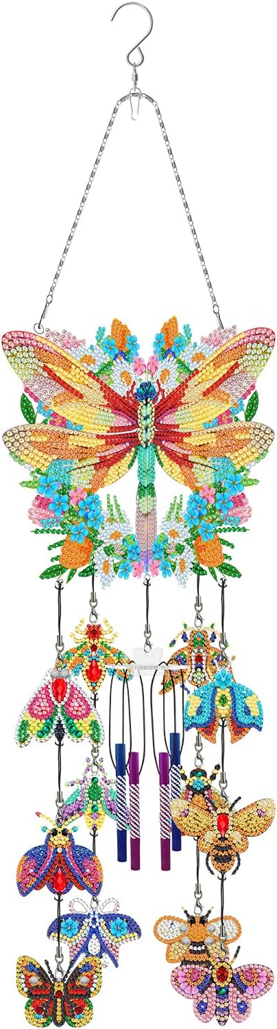 Dragonfly Diamond Art Painting Wind Chimes DIY Kits Bee 5D Diamond Art Wind Chime Hanging Ornament Set Double Sided Special Shaped Beads by Number Mosaic Wind Chime Pendant for Yard Tree Home Decor