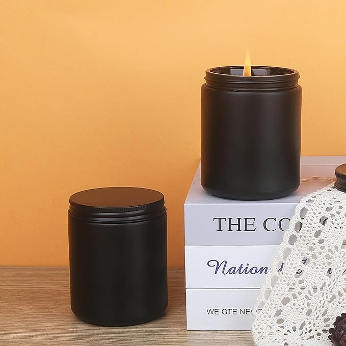 MILIVIXAY 12 Pack 8 OZ Thick Glass Matte Black Candle Jars with All Black Metal Lids-Bulk Empty Candle Jars for Making Candles-Canning Jar for Spice, Liquid, Sample- Dishwasher Safe.