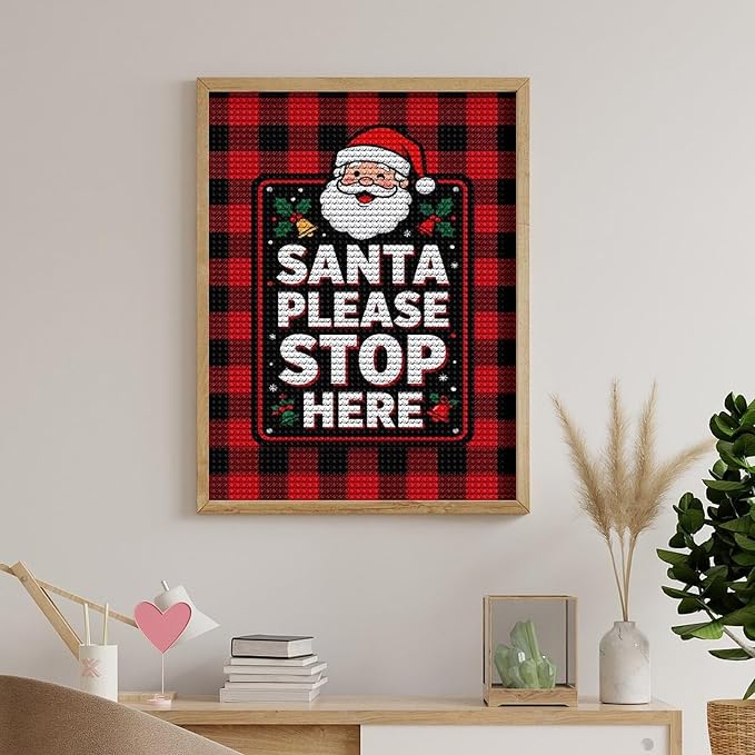 AIVKIEJK Diamond Painting Kits for Adults - Holly & Stars, Santa Please Stop Here Painting DIY 5D Full Drill Diamond Dots Paintings with Diamonds Gem Art and Crafts Home Decor 12"x16"