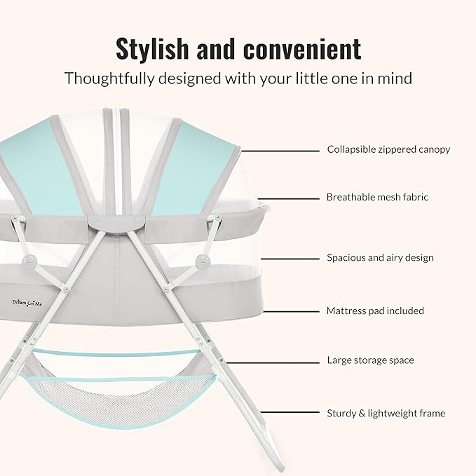 Dream On Me Karley Bassinet, Award Winner Lightweight Travel Baby Bassinet, Foldable Bedside Sleeper, Adjustable Double Canopy, Spacious Design, Soft Fabric, Storage Basket – Blue and Grey