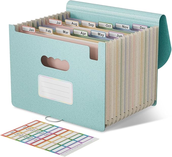 EcoStash Accordion File Organizer, 12-Pocket Wheat Straw Expanding File Folder, Portable Monthly Bill & Tax Receipt Organizer, Letter/A4 Size Document Holder with Colorful Tabs-Sky Blue