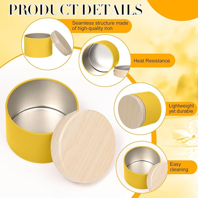 Honeydak 36 Pcs 4oz Yellow Candle Jars Bulk Candle Tins Small Empty Containers with Metal Wood Grain Printing Lids for Making DIY Jars Storage Wedding Gifts