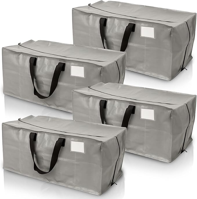 DURASACK Heavy Duty Moving Bag Storage Container Duffle Bag with Zipper, Reinforced Carry Straps and Backpack Straps, Made of Rugged Woven Polypropylene, Pack of 4, Gray