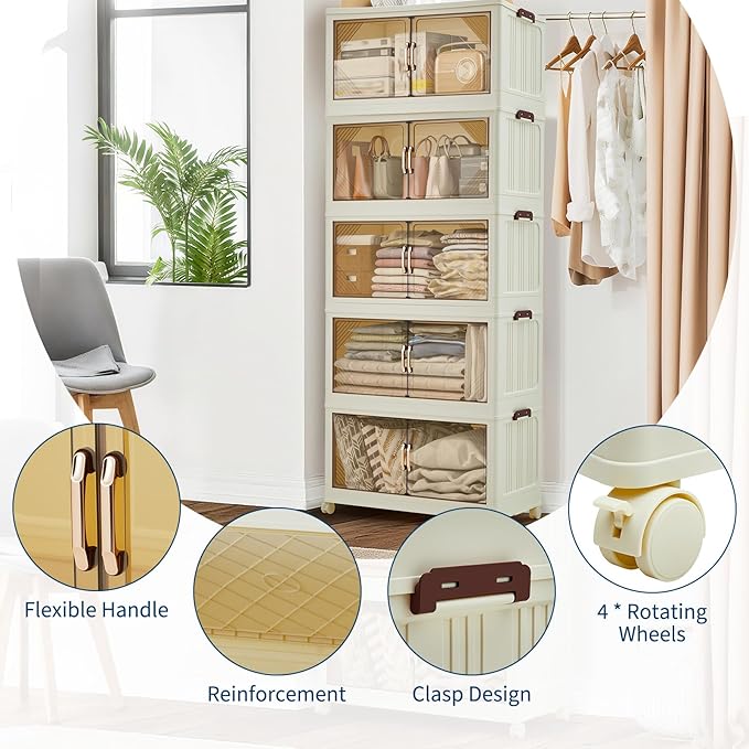 Garvee 405QT Stackable Storage Bins, Plastic Bins for Storage with Lids, Plastic Storages Drawers with Magnetic Doors & Wheels, Foldable Collapsible Closet Organizers for Home, Dorm, Office, White
