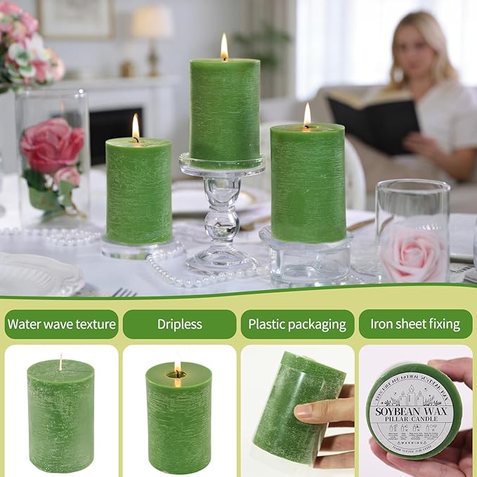 6 Pack Moss Green Soy Pillar Candles,Natural Soybean Pillar Candles,330 H Long Lasting Burning-Unscented,Dripless and Smokeless Rustic Hand-Poured Candles Dinner Table,for Wedding,2.8x4in