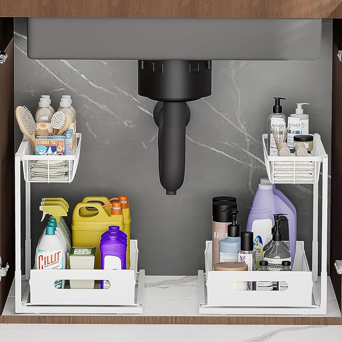 Under Sink Organizers and Storage 2 Tier Slide Out Kitchen Cabinet Organizer Sturdy Metal Bathroom Storage (White, 2 Pack)