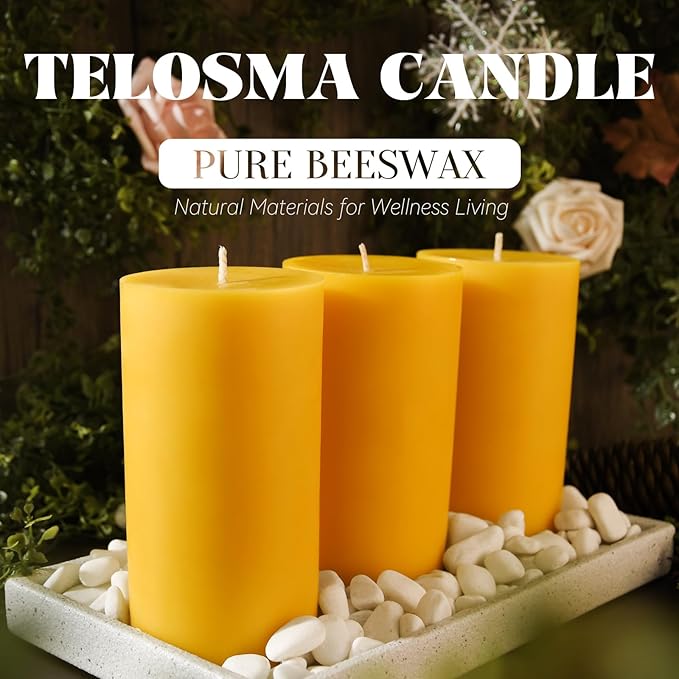3 inch Thick Natural Yellow Beeswax Pillar Candles - 3 Pack - 100% Pure Bees Wax Candles 6 inch Tall, Long Burning, Unscented Smokeless & Dripless, for Emergency, Prayer, Home Decor, Relaxation
