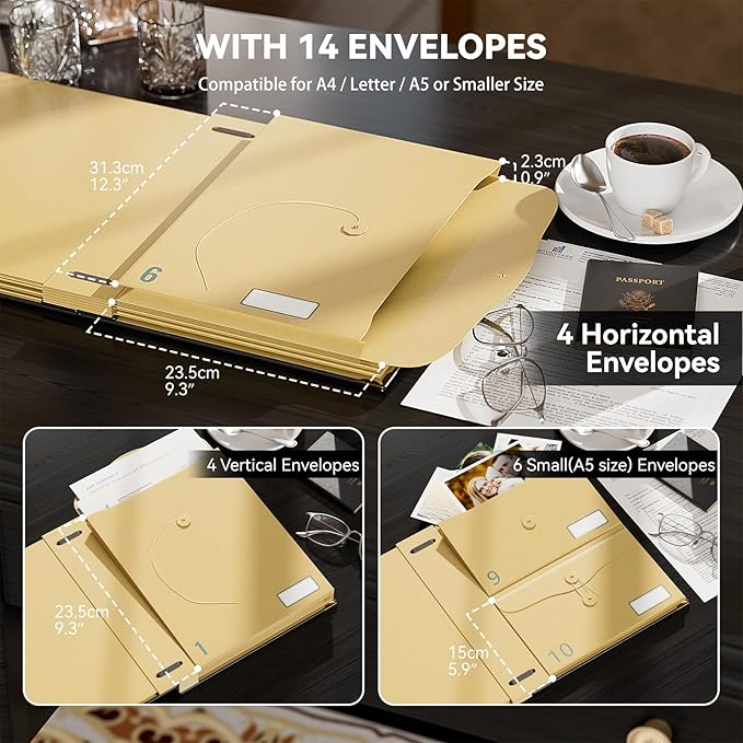 ABC life Important Document Organizer & Fireproof Document Bag, Passports, Birth Certificates, Passports, Photos and Letters, Spine-Free Design with Elastic Closure - Kit