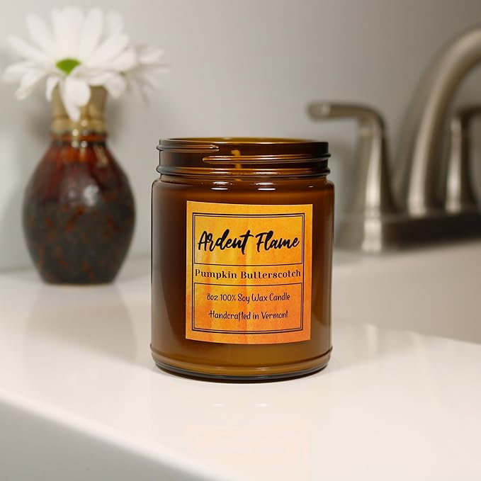 Candles | Pumpkin Butterscotch | 100% Natural Soy Wax Candle for Home Decor | Highly Scented | Premium Fragrance | Handmade in Vermont, USA | 8 oz | Long Lasting | Gift for Women and Men